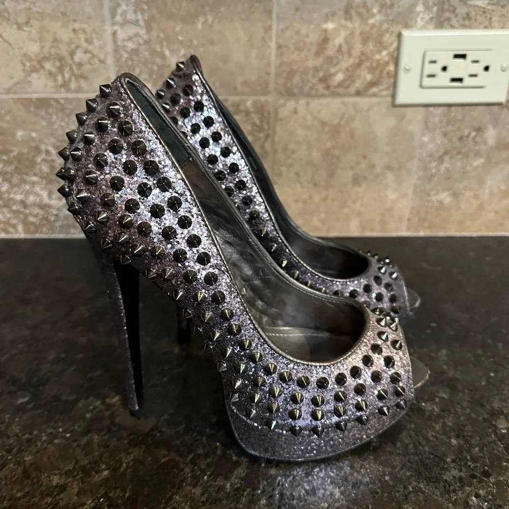 Steve Madden Silver Studded Peep-Toe Heels - Picture 2 of 6
